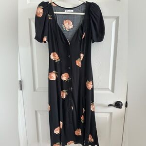 Reformation Black Floral Puff Sleeve Dress